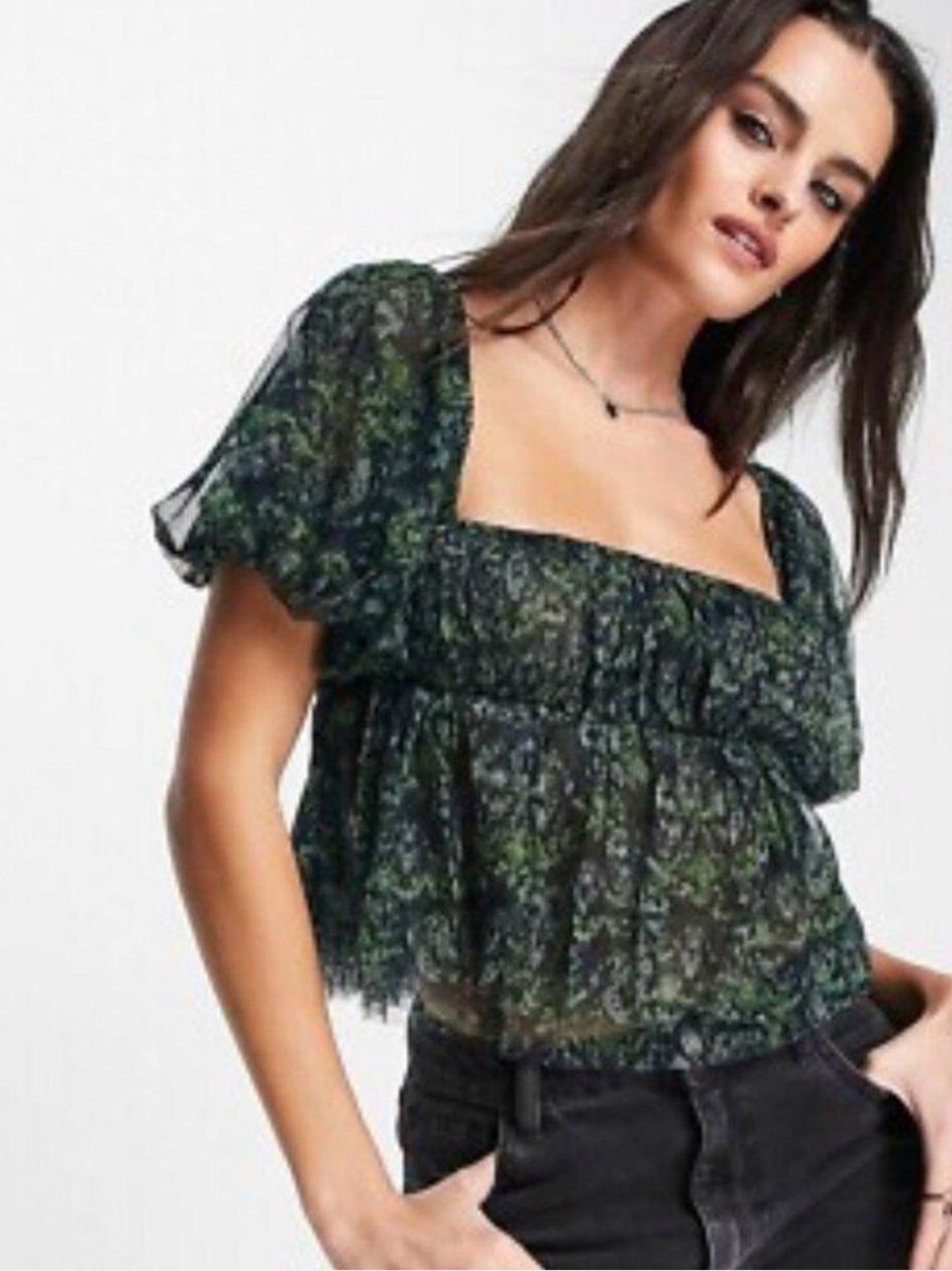 Free People Dark Green Floral, BOHO STYLE  Square-Neck Peplum Top